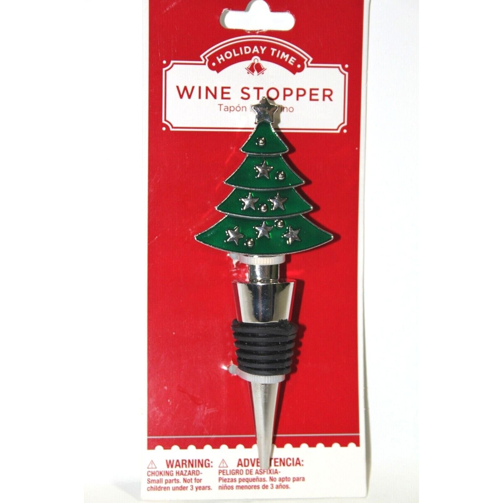Holiday Time Wine Bottle Stopper Christmas Tree Green Glass Silver Stars  New